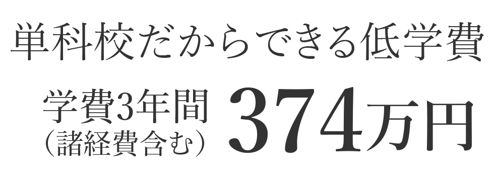  単科校だからできる低学費　学費3年間（諸経費含む）374万円